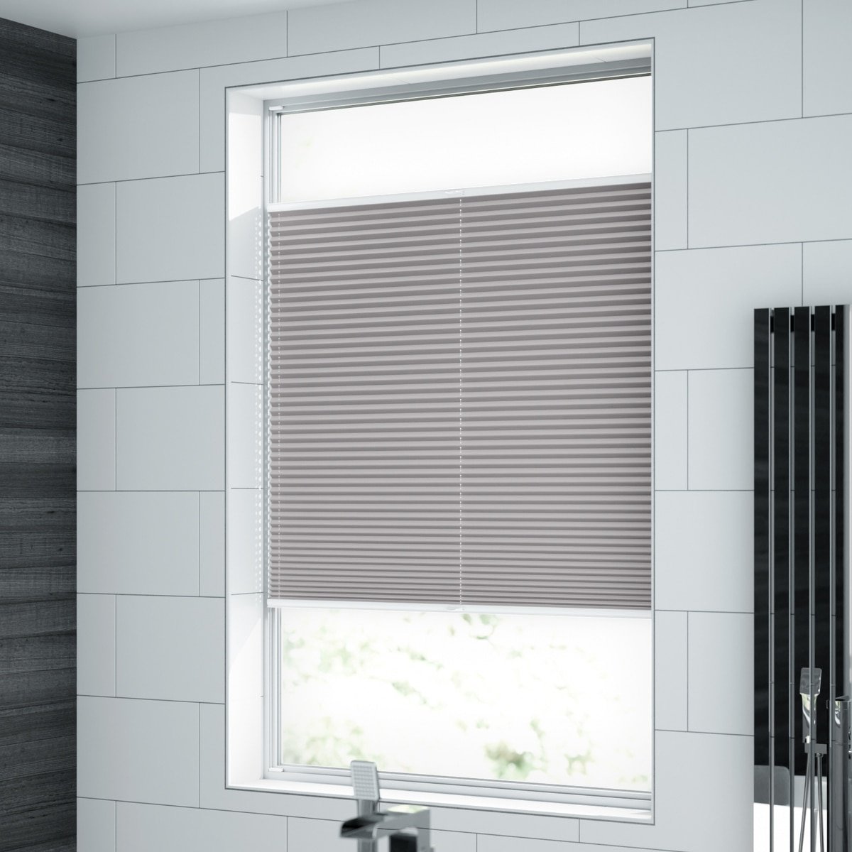 100% blickdichtes Plissee nach Maß mit moderner Taft-Struktur,  'Reflect'-Rückseite - Grau | Sonnenschutz für Fenster nach Maß - Online-Shop