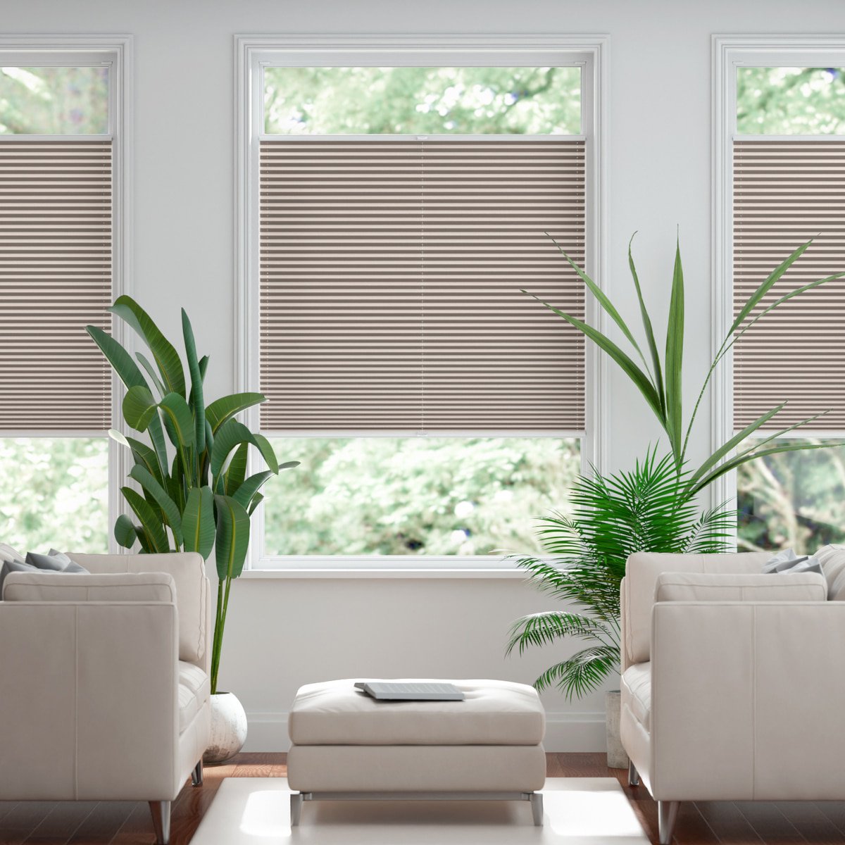 Halbtransparentes Plissee auf Maß in matter, feiner Baumwoll-Optik - Greige  | Sonnenschutz für Fenster nach Maß - Online-Shop