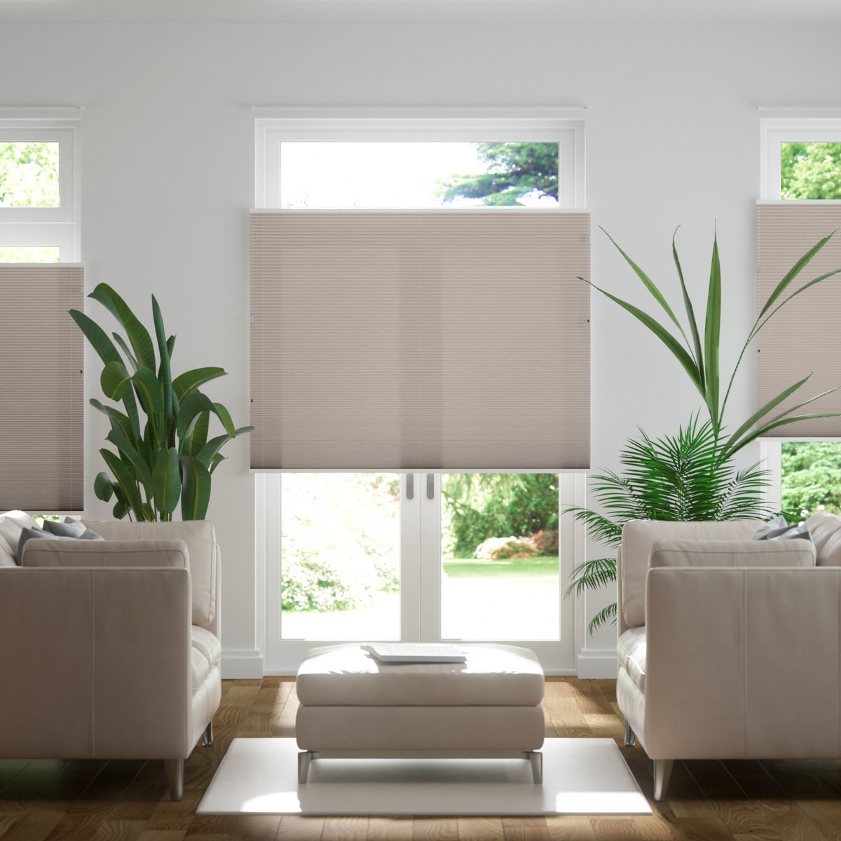 Plissee Maß nach in Greige Halbtransparentes für Online-Shop - Baumwoll-Optik Sonnenschutz Maß matter, feiner auf Fenster | -