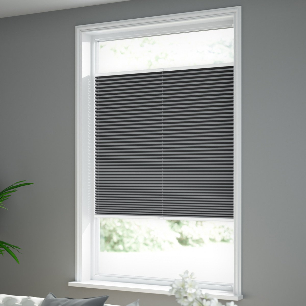 Halbtransparentes Plissee mit starker nach Sonnenschutz Leinen-Struktur - - Maß für Dunkelgrau | Fenster Online-Shop