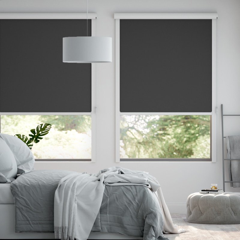 Jaloustore Verdunkelungsrollo auf Maß in matter Leinwand-Optik, Rückseite weiß Dunkelgrau - Bild 0