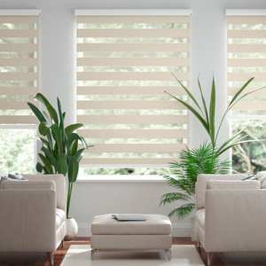 Doppelrollo auf Maß mit Uni-Blockstreifen mit gestreiftem groben Transparent