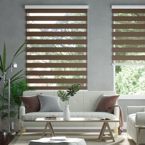 Doppelrollo auf Maß mit Uni-Blockstreifen mit gestreiftem groben Transparent