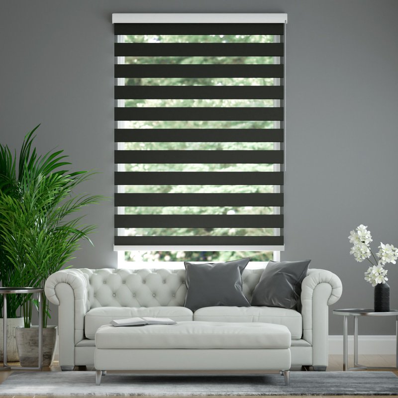 Jaloustore Doppelrollo auf Maß mit Uni-Blockstreifen mit gestreiftem feinen Transparent Schwarz - Bild 0