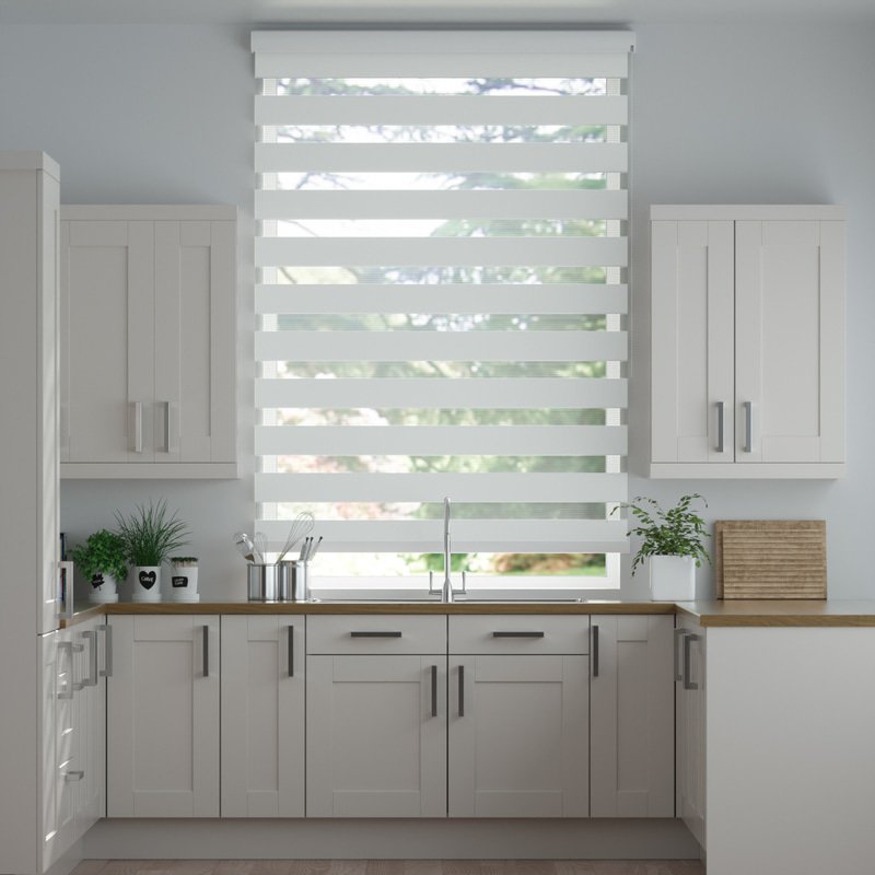 Jaloustore Doppelrollo auf Maß mit Uni-Blockstreifen mit gestreiftem feinen Transparent Reinweiß - Bild 0