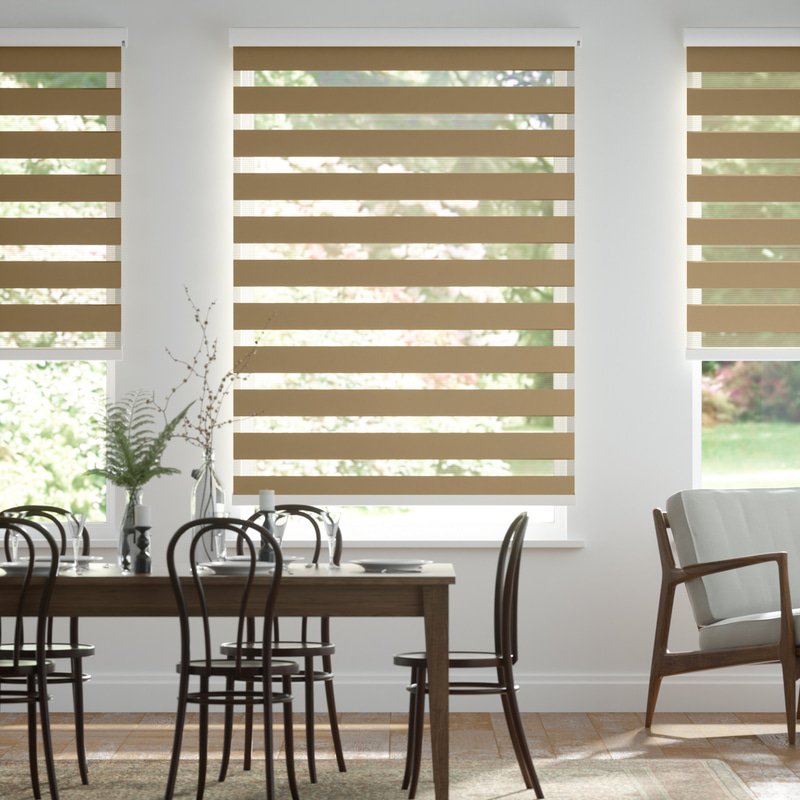 Jaloustore Doppelrollo auf Maß mit Uni-Blockstreifen mit gestreiftem feinen Transparent Hellbraun - Bild 0