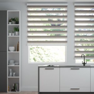 Doppelrollo auf Maß mit Blockstreifen mit Melangegarn und Farbverlauf