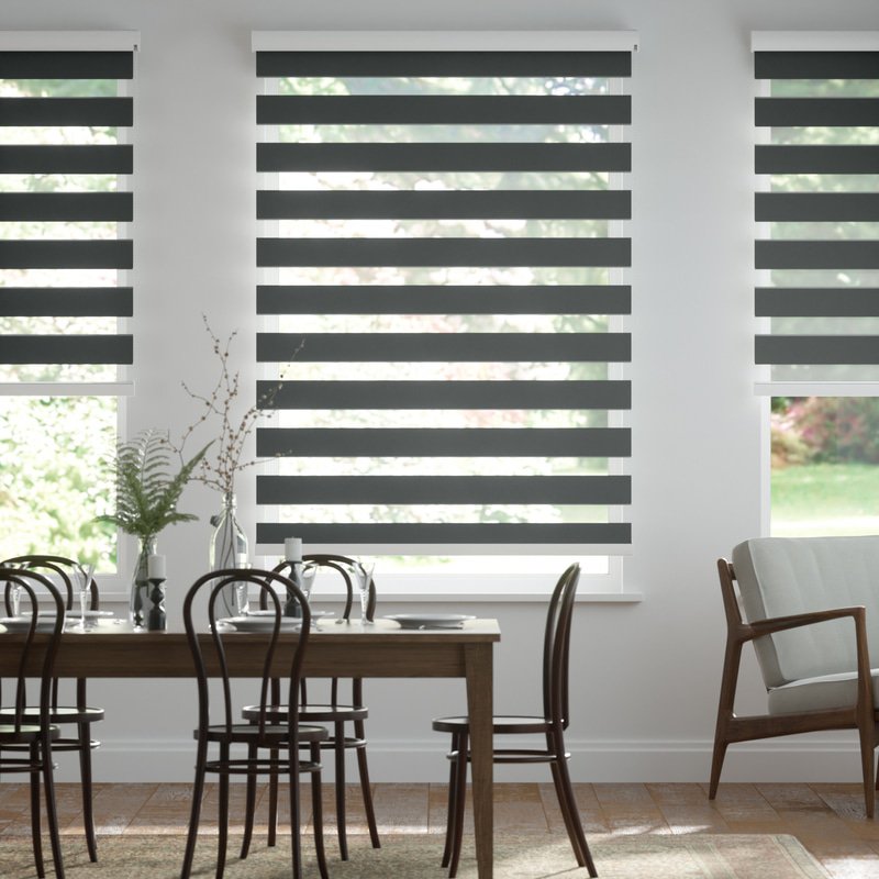 Jaloustore Doppelrollo auf Maß mit Uni-Blockstreifen in Verdunkelungsqualität Anthrazit - Bild 0