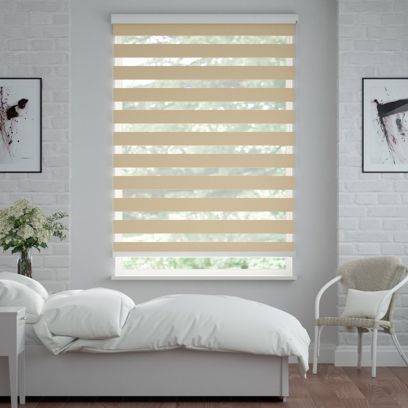 Jaloustore Doppelrollo auf Maß mit Uni-Blockstreifen in Verdunkelungsqualität Beige - Bild 0