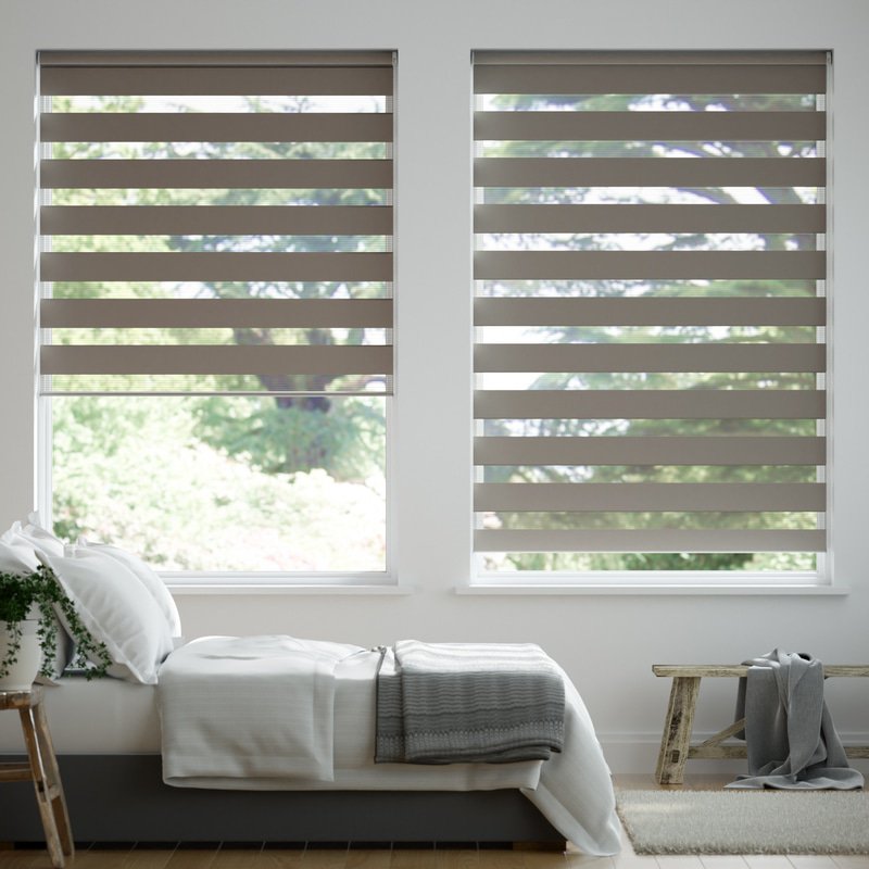 Jaloustore Doppelrollo auf Maß mit Uni-Blockstreifen mit gestreiftem groben Transparent Grau - Bild 0