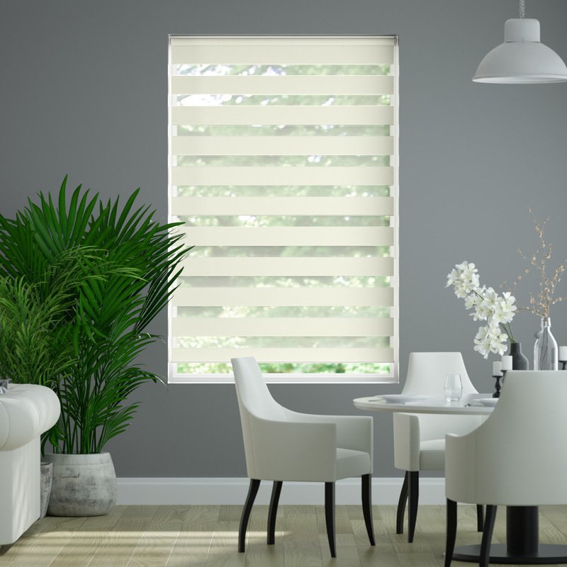 Jaloustore Doppelrollo auf Maß mit Uni-Blockstreifen mit gestreiftem groben Transparent Creme-Weiß - Bild 0