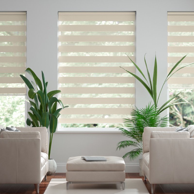 Jaloustore Doppelrollo auf Maß mit Uni-Blockstreifen mit gestreiftem groben Transparent Creme-Beige - Bild 0