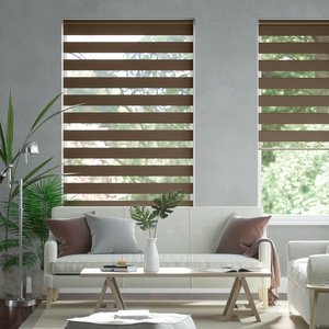 Doppelrollo auf Maß mit Uni-Blockstreifen mit gestreiftem groben Transparent