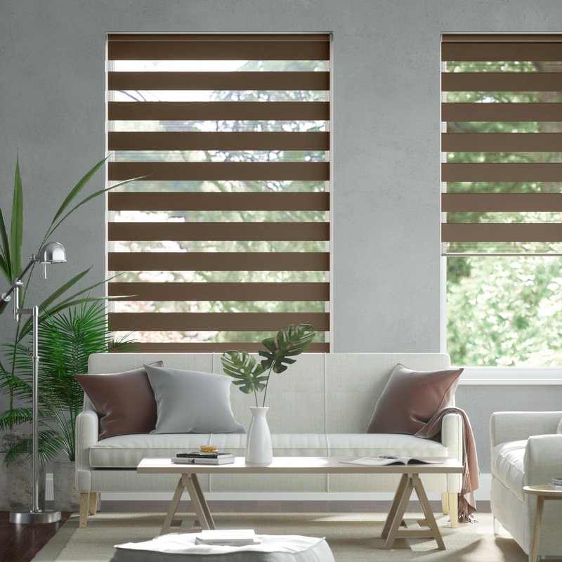 Jaloustore Doppelrollo auf Maß mit Uni-Blockstreifen mit gestreiftem groben Transparent Braun  - Bild 0