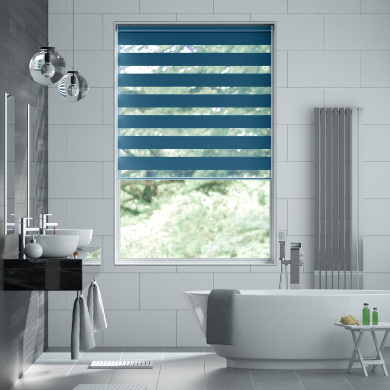 Jaloustore Doppelrollo auf Maß mit Uni-Blockstreifen mit gestreiftem groben Transparent Azurblau - Bild 0