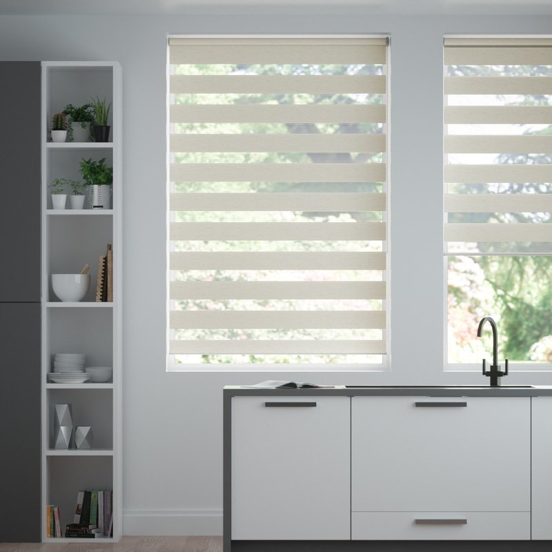 Jaloustore Doppelrollo auf Maß mit Uni-Blockstreifen mit gestreiftem feinen Transparent Beige-Weiß - Bild 0