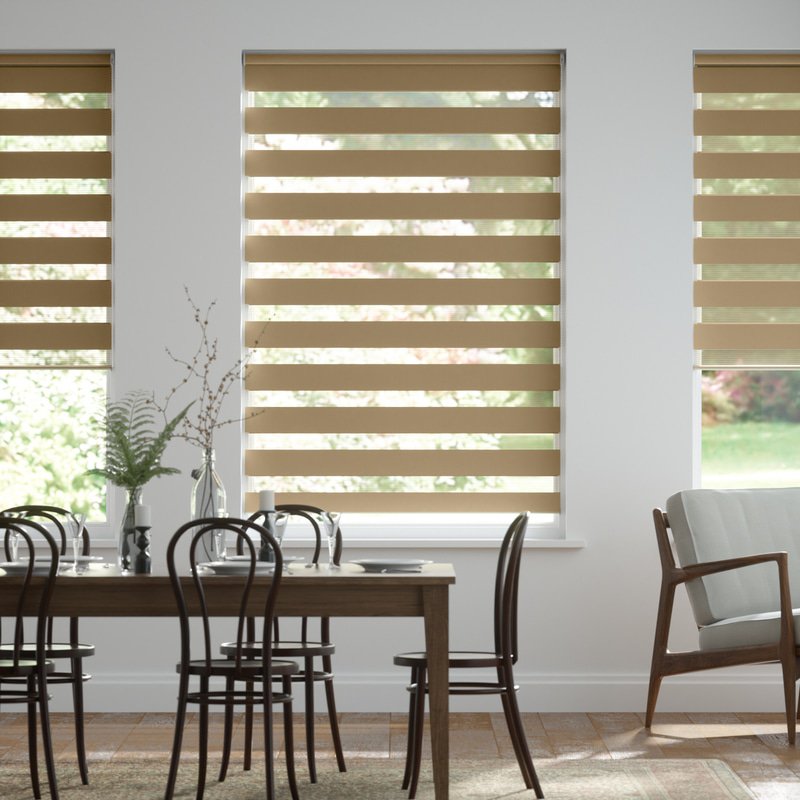Jaloustore Doppelrollo auf Maß mit Uni-Blockstreifen mit gestreiftem feinen Transparent Hellbraun - Bild 0