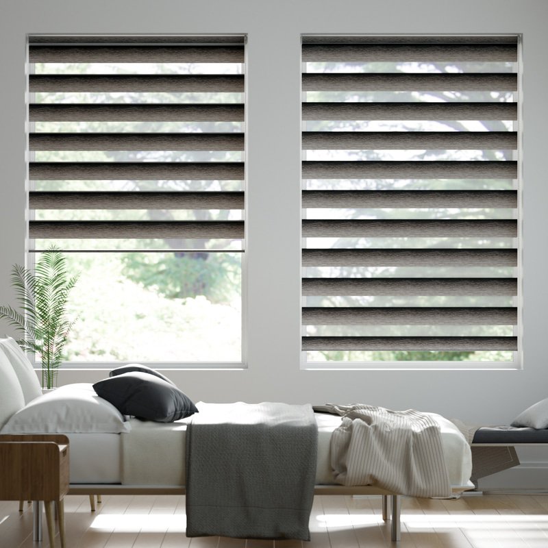 Jaloustore Doppelrollo auf Maß mit Blockstreifen mit Melangegarn und Farbverlauf Grau-Schwarz - Bild 0