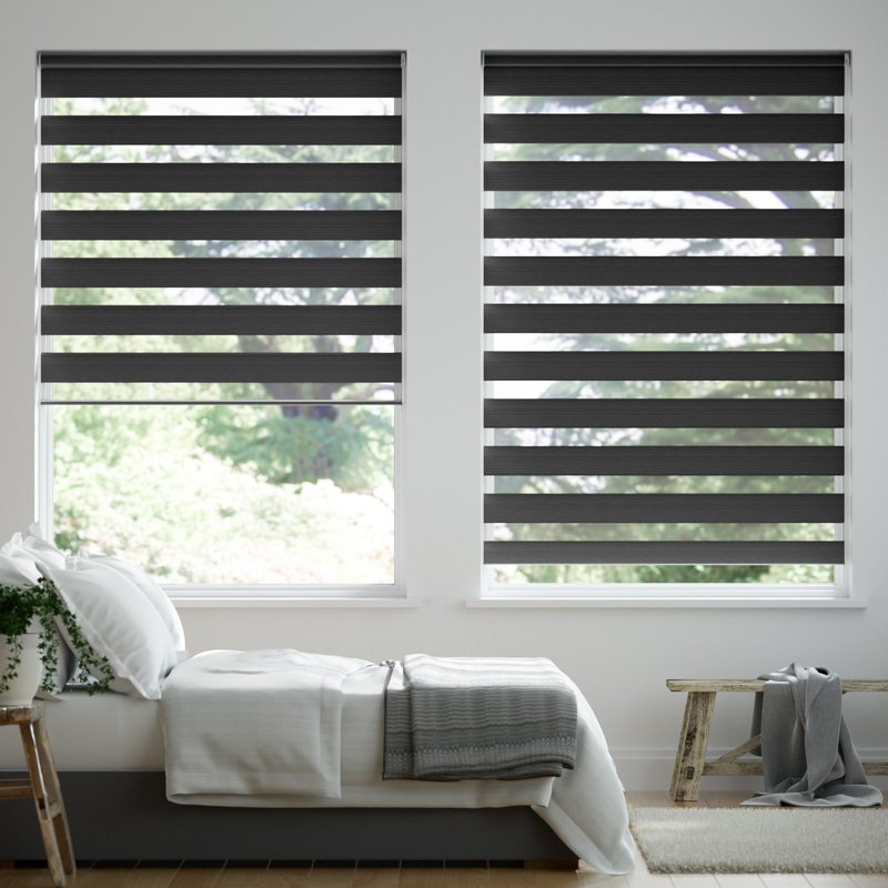 Jaloustore Doppelrollo auf Maß mit Blockstreifen mit regelmäßigen feinen Streifen  Schwarz - Bild 0