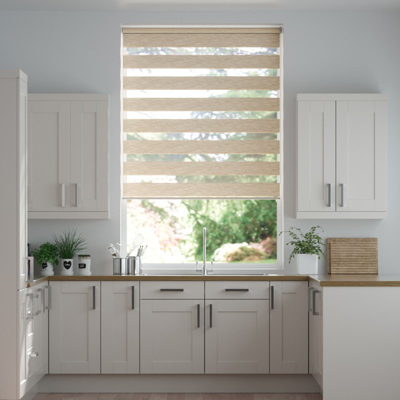 Jaloustore Doppelrollo auf Maß mit Blockstreifen mit feinem Melange-Effekt  Beige-Creme - Bild 0