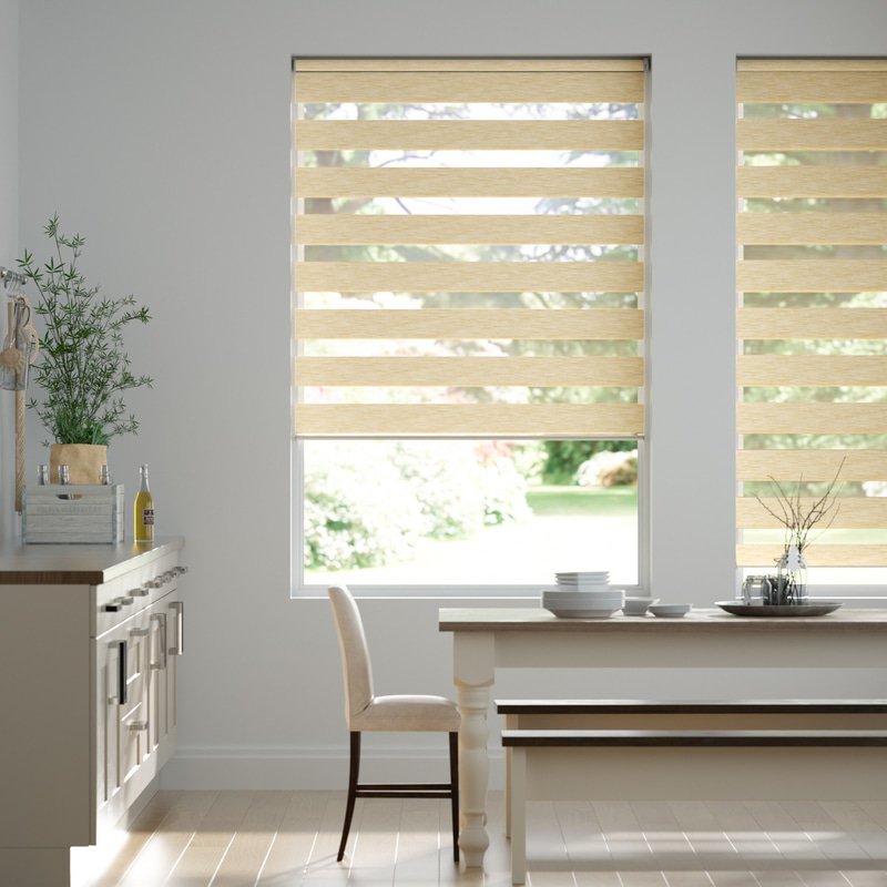 Jaloustore Doppelrollo auf Maß mit Blockstreifen mit feinem Melange-Effekt  Creme-Caramel - Bild 0
