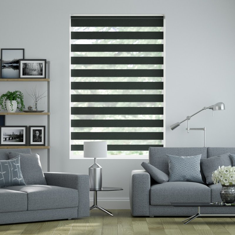 Jaloustore Doppelrollo auf Maß mit modernen Blockstreifen mit feiner Webstruktur Schwarz - Bild 0