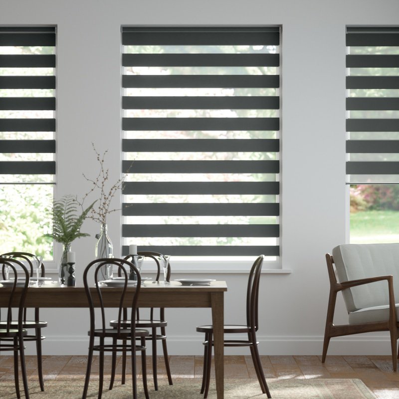 Jaloustore Doppelrollo auf Maß mit Uni-Blockstreifen in Verdunkelungsqualität Anthrazit - Bild 0