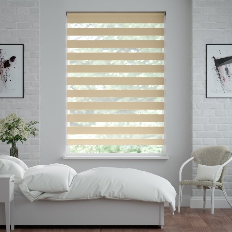 Jaloustore Doppelrollo auf Maß mit Uni-Blockstreifen in Verdunkelungsqualität Beige - Bild 0