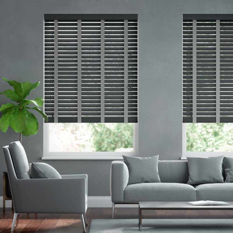 Jaloustore 50mm breite Holzjalousie nach Maß in Uni-lackiert Anthrazit &amp; Grau - Bild 0