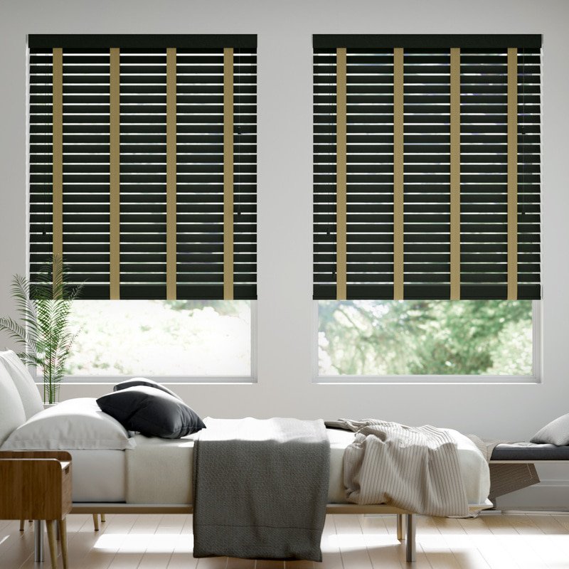 Jaloustore 50mm breite Holzjalousie mit Bambus-Struktur lasiert Schwarz-braun & Dunkel Beige - Bild 0