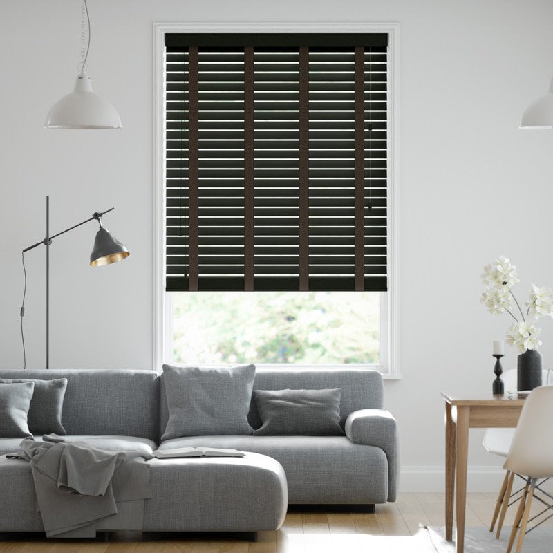 Jaloustore 50mm breite Holzjalousie mit Bambus-Struktur lasiert Schwarz-braun & Dunkles Khaki - Bild 0