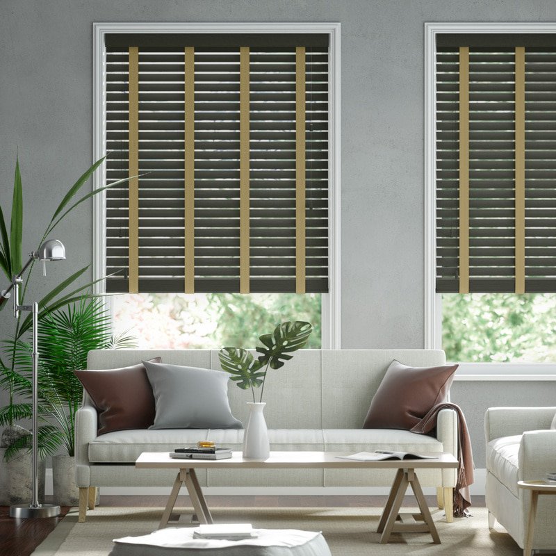 Jaloustore 50mm breite Holzjalousie nach Maß mit grober Struktur lasiert Schwarz-Braun & Dunkel Beige - Bild 0