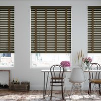 Jaloustore 50mm breite Holzjalousie nach Maß mit grober Struktur lasiert Khaki & Wallnuss - Vorschau 0