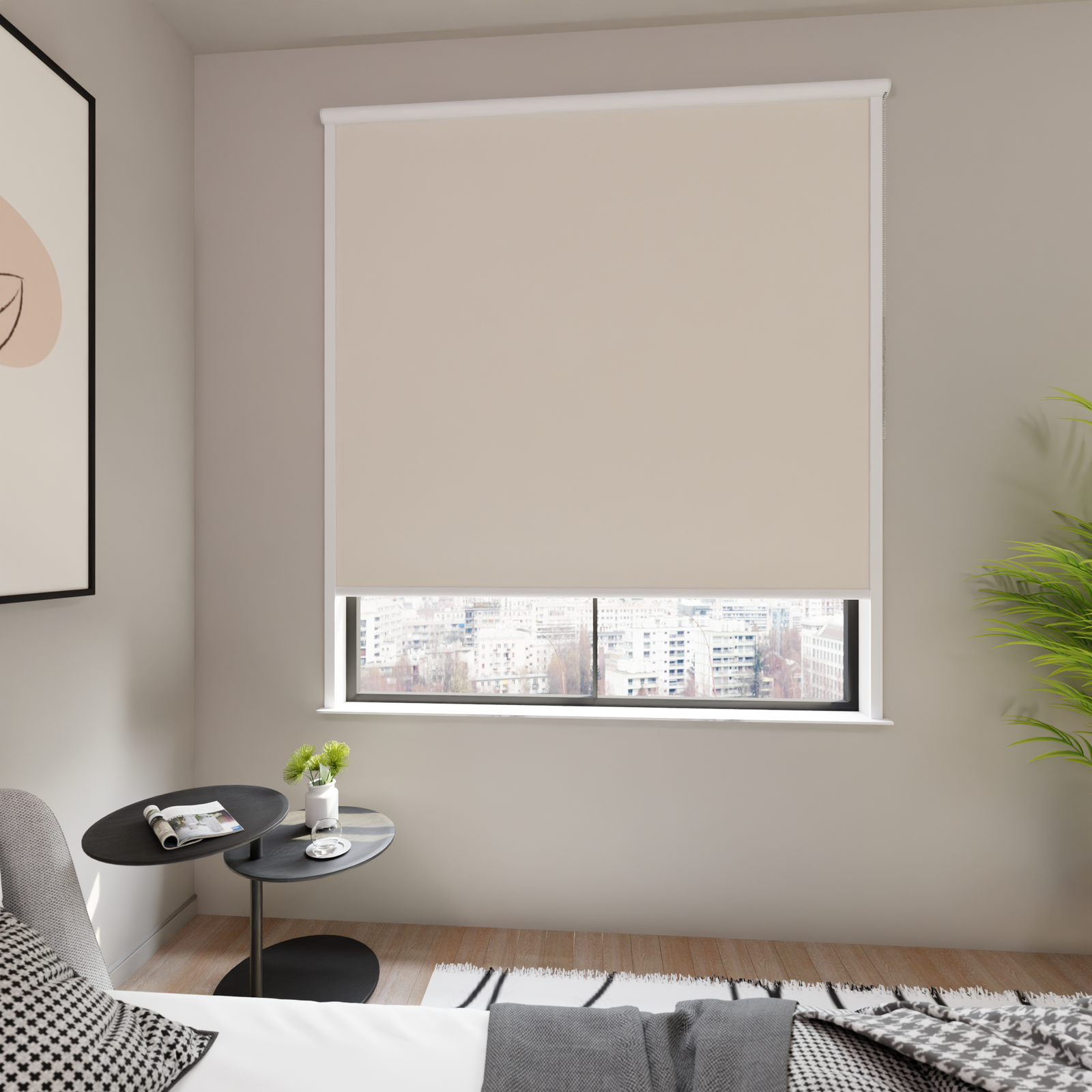 Jaloustore Verdunkelungsrollo auf Maß in matter Leinwand-Optik, Rückseite weiß Naturbeige - Bild 2