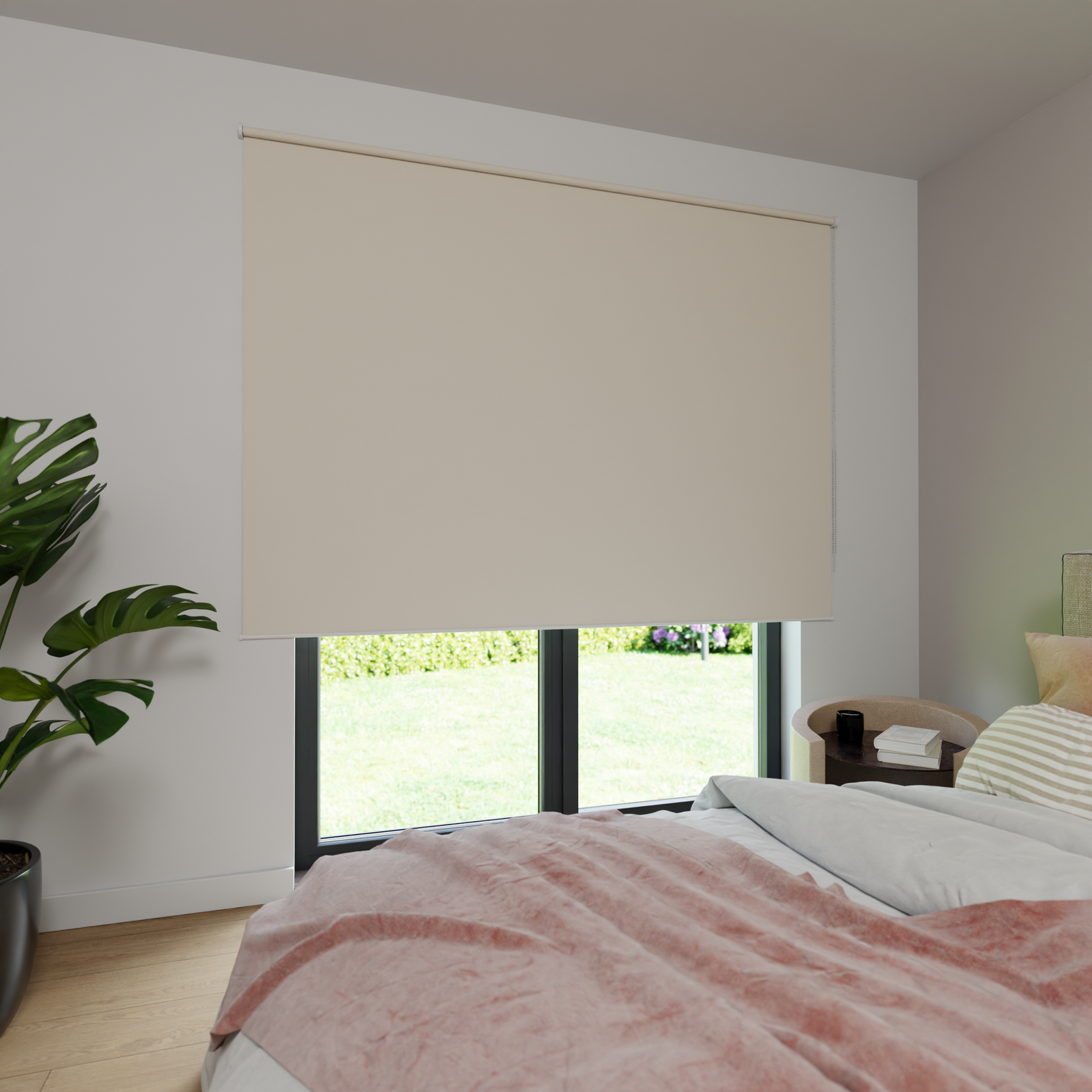 Jaloustore Verdunkelungsrollo auf Maß in matter Leinwand-Optik, Rückseite weiß Naturbeige - Bild 4