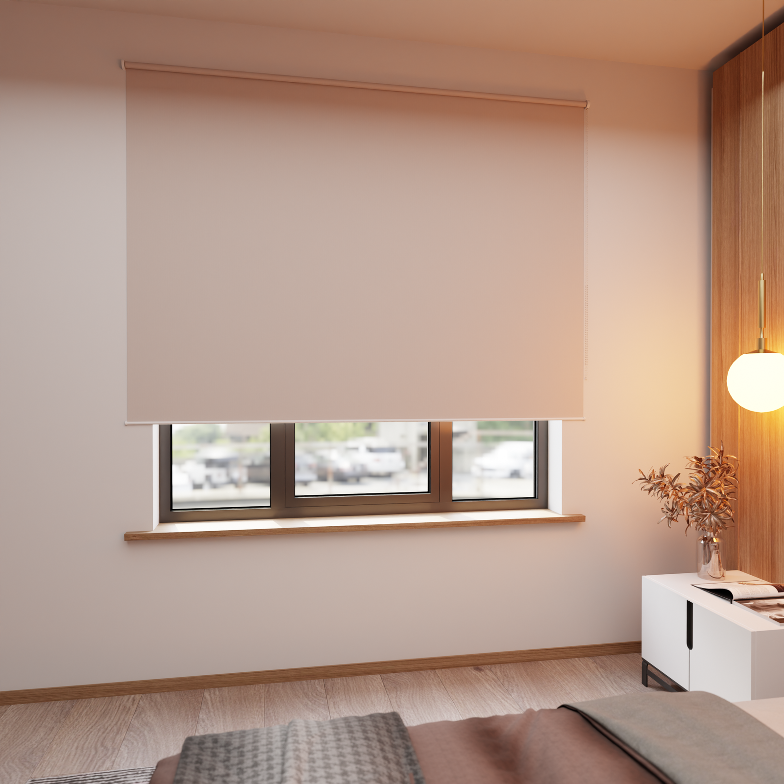 Jaloustore Verdunkelungsrollo auf Maß in matter Leinwand-Optik, Rückseite weiß Beigegrau - Bild 2