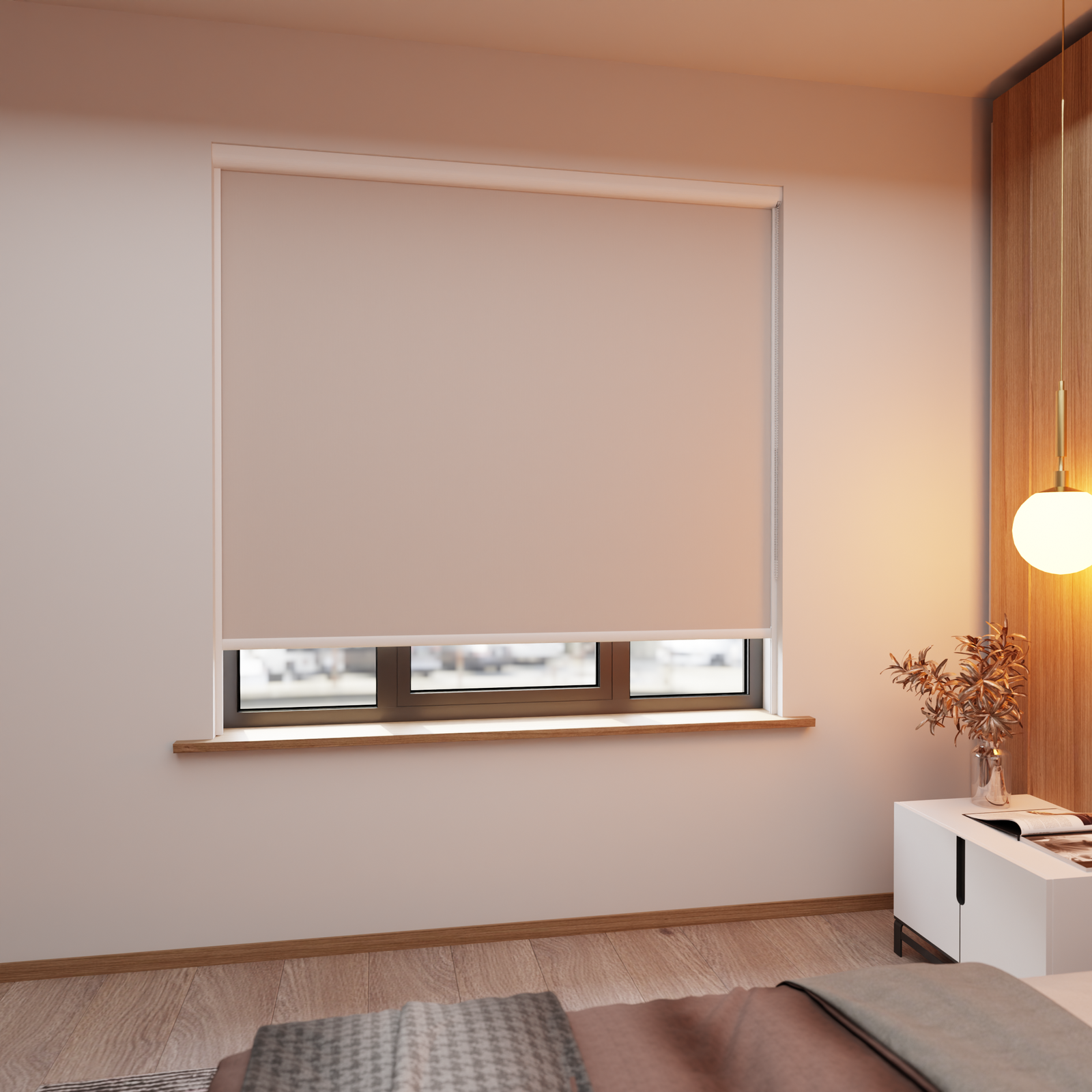 Jaloustore Verdunkelungsrollo auf Maß in matter Leinwand-Optik, Rückseite weiß Beigegrau - Bild 0