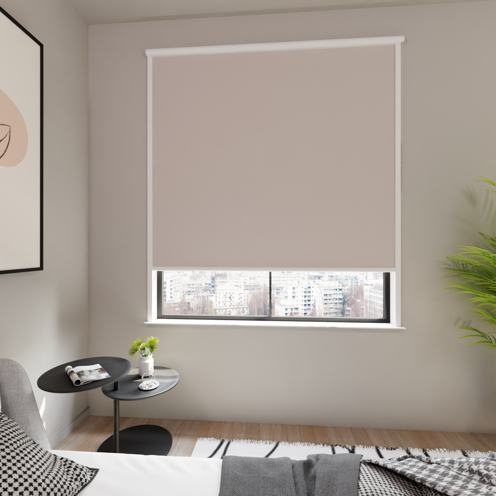 Jaloustore Verdunkelungsrollo auf Maß in matter Leinwand-Optik, Rückseite weiß Beigegrau - Bild 0