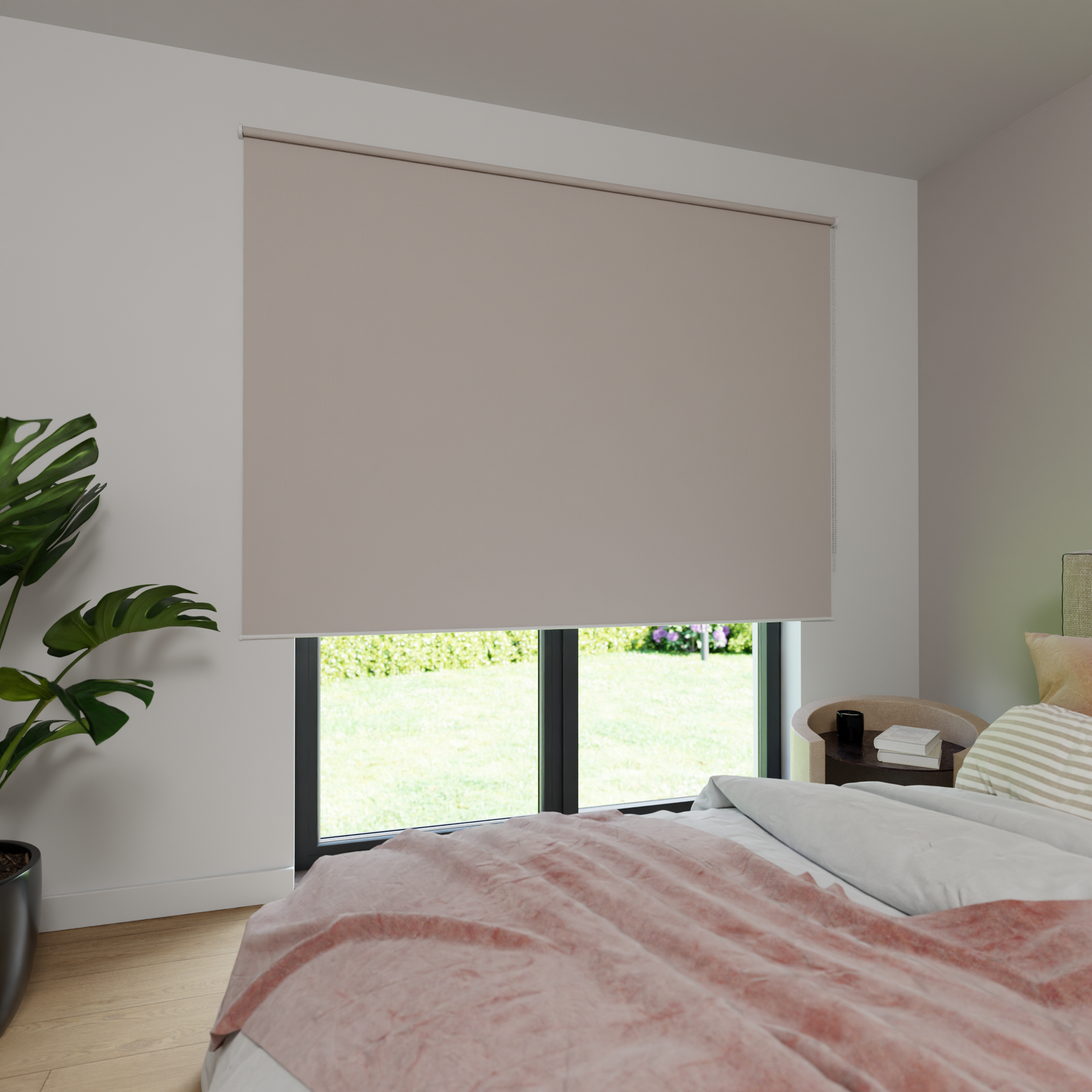 Jaloustore Verdunkelungsrollo auf Maß in matter Leinwand-Optik, Rückseite weiß Beigegrau - Bild 3