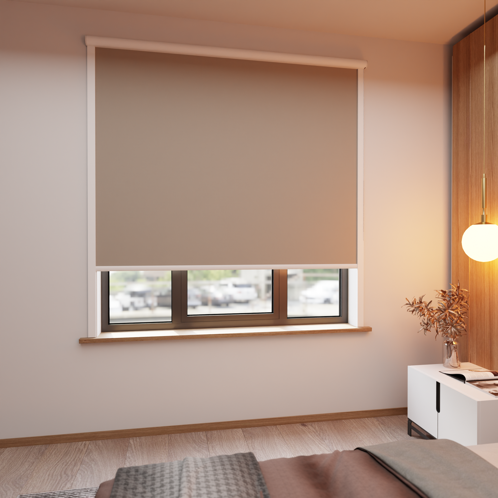 Jaloustore Verdunkelungsrollo auf Maß in matter Leinwand-Optik, Rückseite weiß Sandgrau - Bild 1