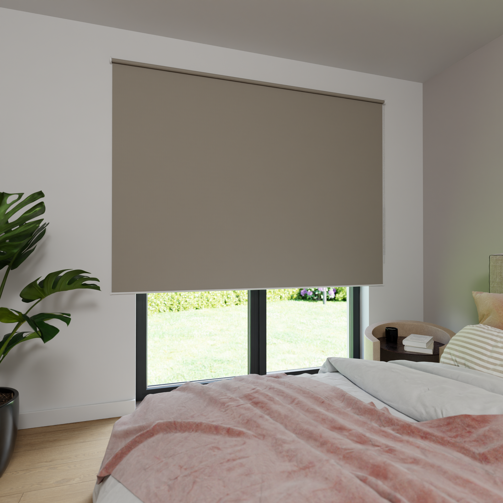 Jaloustore Verdunkelungsrollo auf Maß in matter Leinwand-Optik, Rückseite weiß Sandgrau - Bild 0