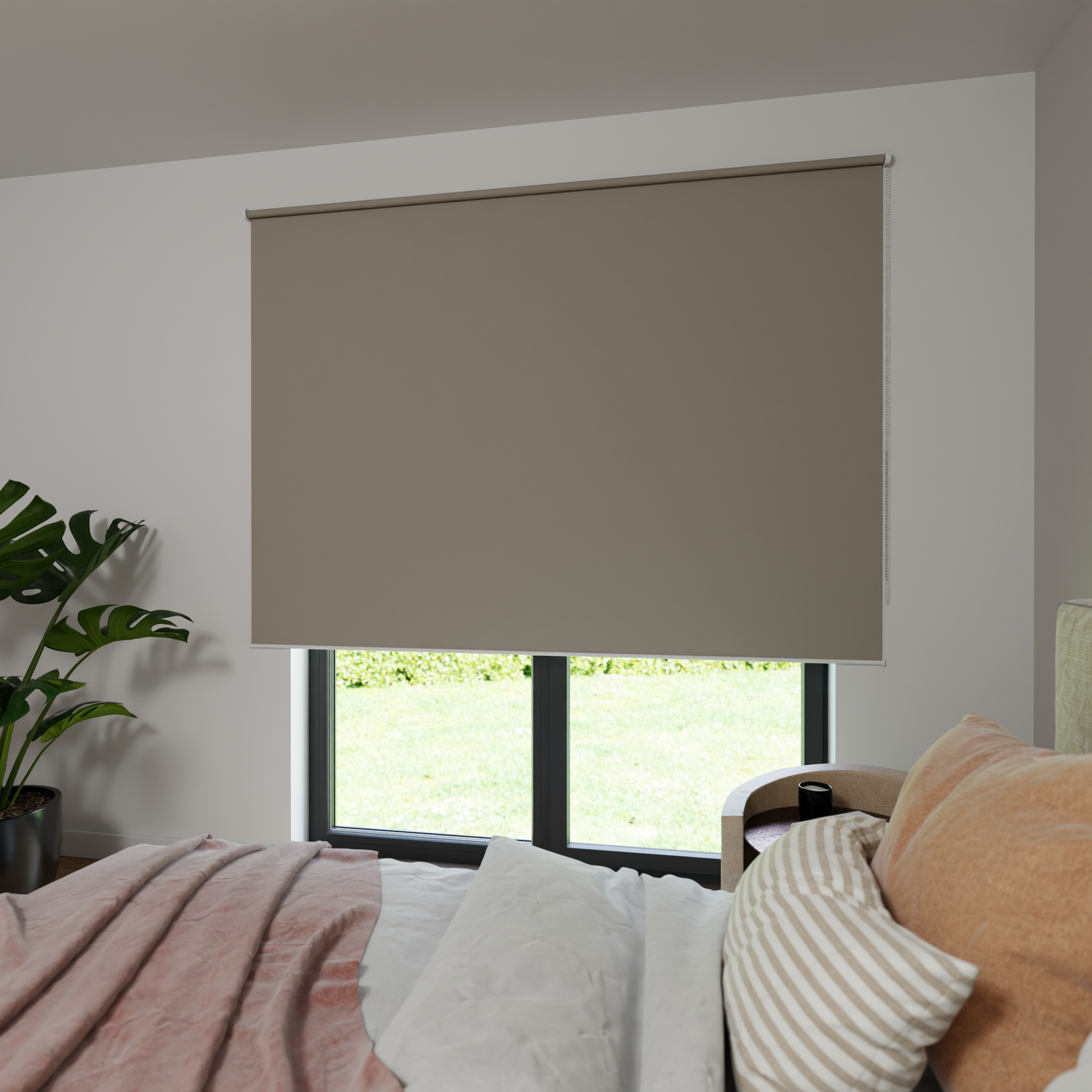 Jaloustore Verdunkelungsrollo auf Maß in matter Leinwand-Optik, Rückseite weiß Sandgrau - Bild 2