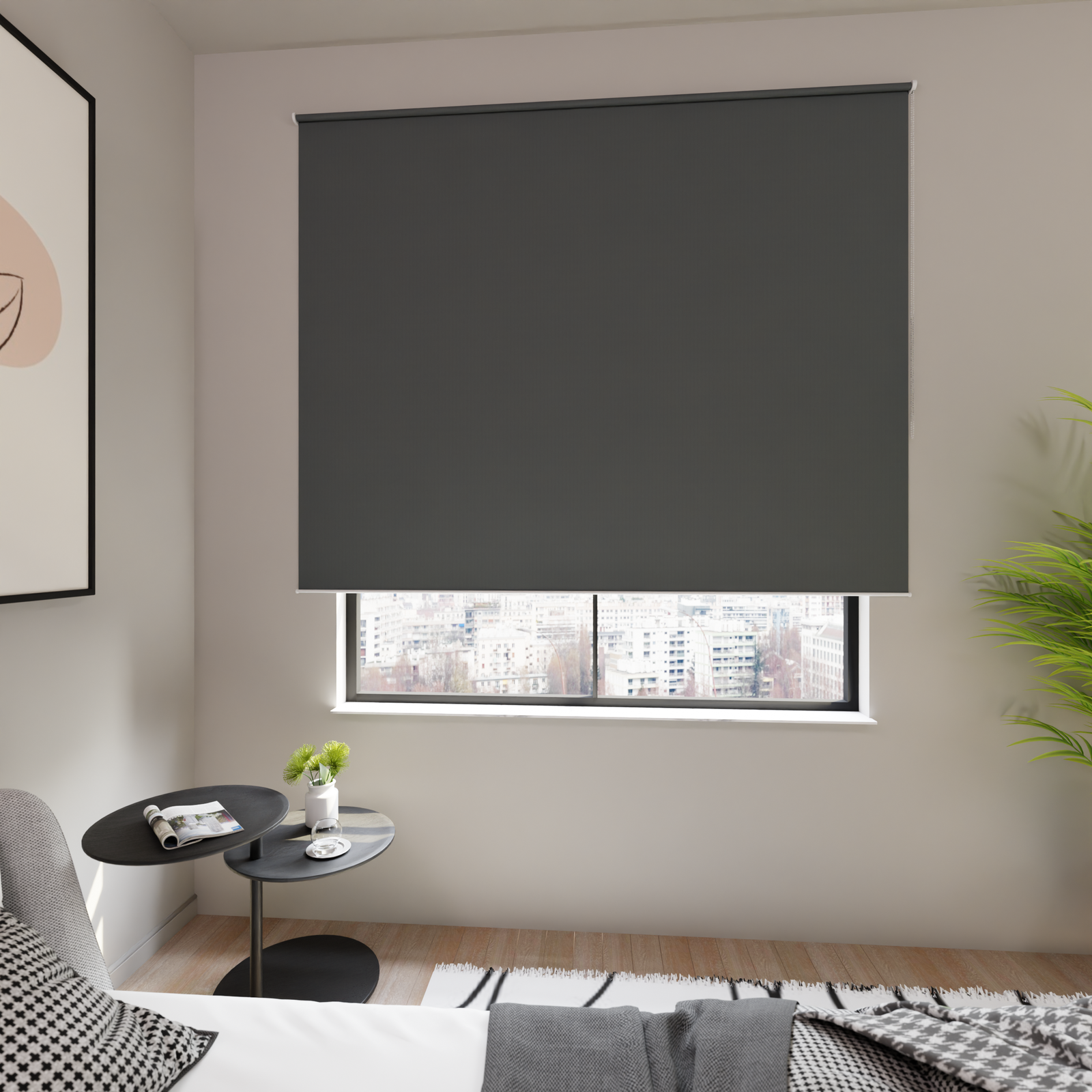 Jaloustore Verdunkelungsrollo auf Maß in matter Leinwand-Optik, Rückseite weiß Dunkelgrau - Bild 3