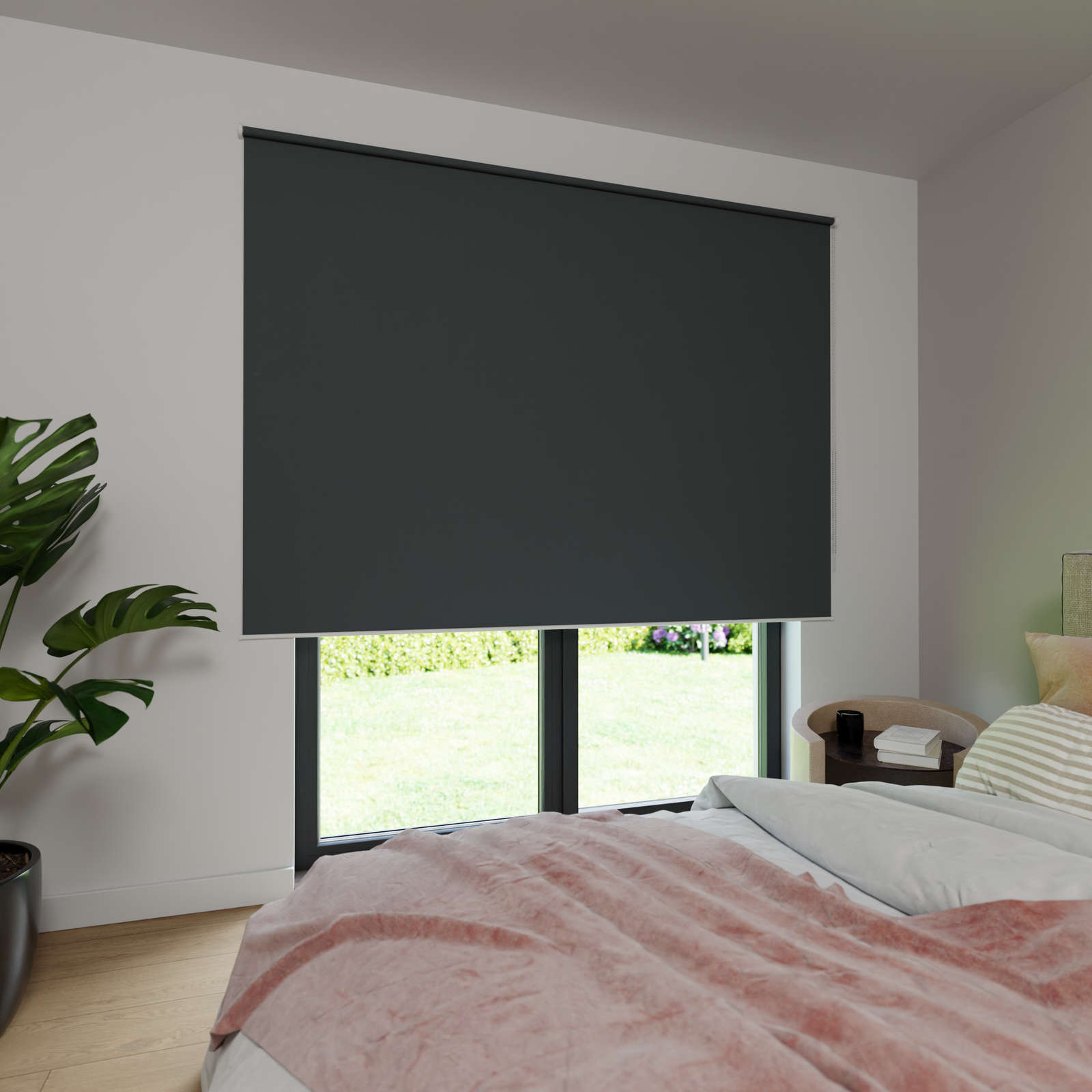 Jaloustore Verdunkelungsrollo auf Maß in matter Leinwand-Optik, Rückseite weiß Dunkelgrau - Bild 0