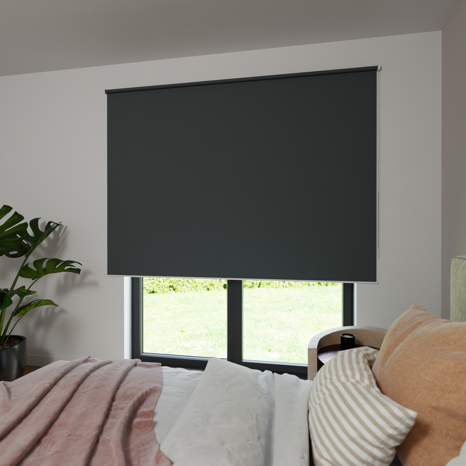 Jaloustore Verdunkelungsrollo auf Maß in matter Leinwand-Optik, Rückseite weiß Dunkelgrau - Bild 1