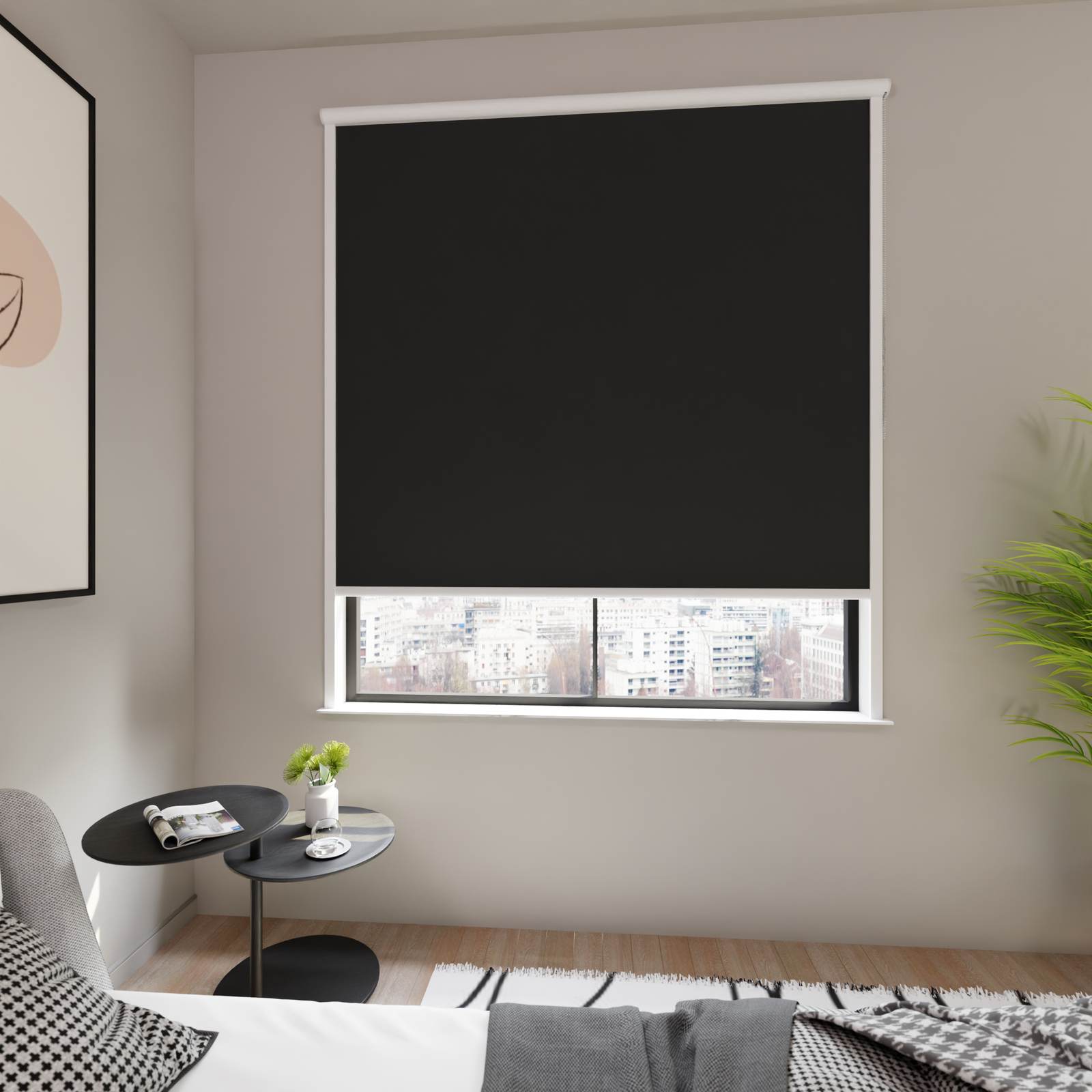 Jaloustore Verdunkelungsrollo auf Maß in matter Leinwand-Optik, Rückseite weiß Schwarz - Bild 0