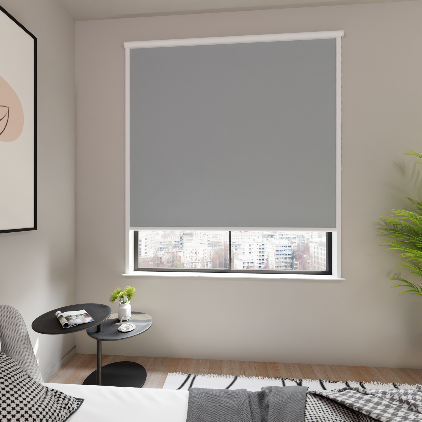 Jaloustore Verdunkelungsrollo auf Maß in matter Leinwand-Optik, Rückseite weiß Silbergrau - Bild 1