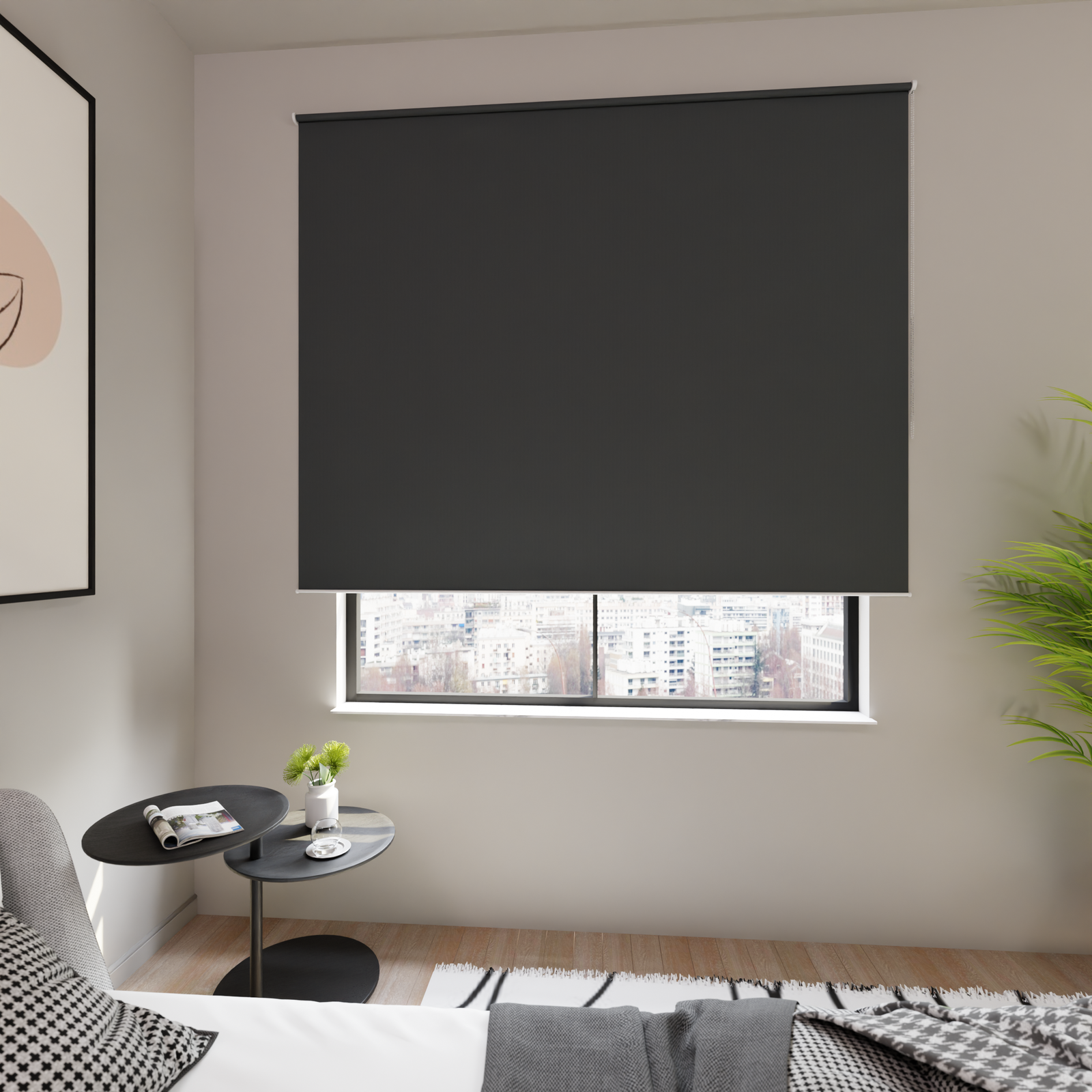 Jaloustore Verdunkelungsrollo auf Maß in matter Leinwand-Optik, Rückseite weiß Anthrazit - Bild 1